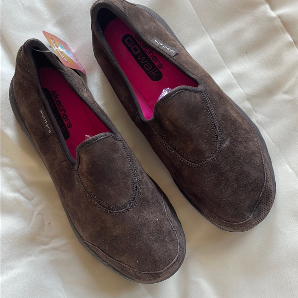 Skechers GOwalk Women's Brown Suede Slip-On Flats with Pink Insole